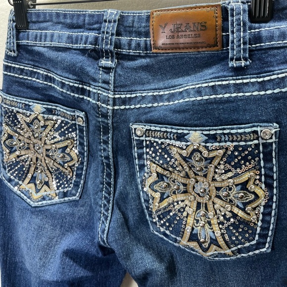 Y Jeans Distressed Bootcut Jeans Womens 3/4 Pants Blue Denim Stretch Pocket 2134 - Picture 9 of 10